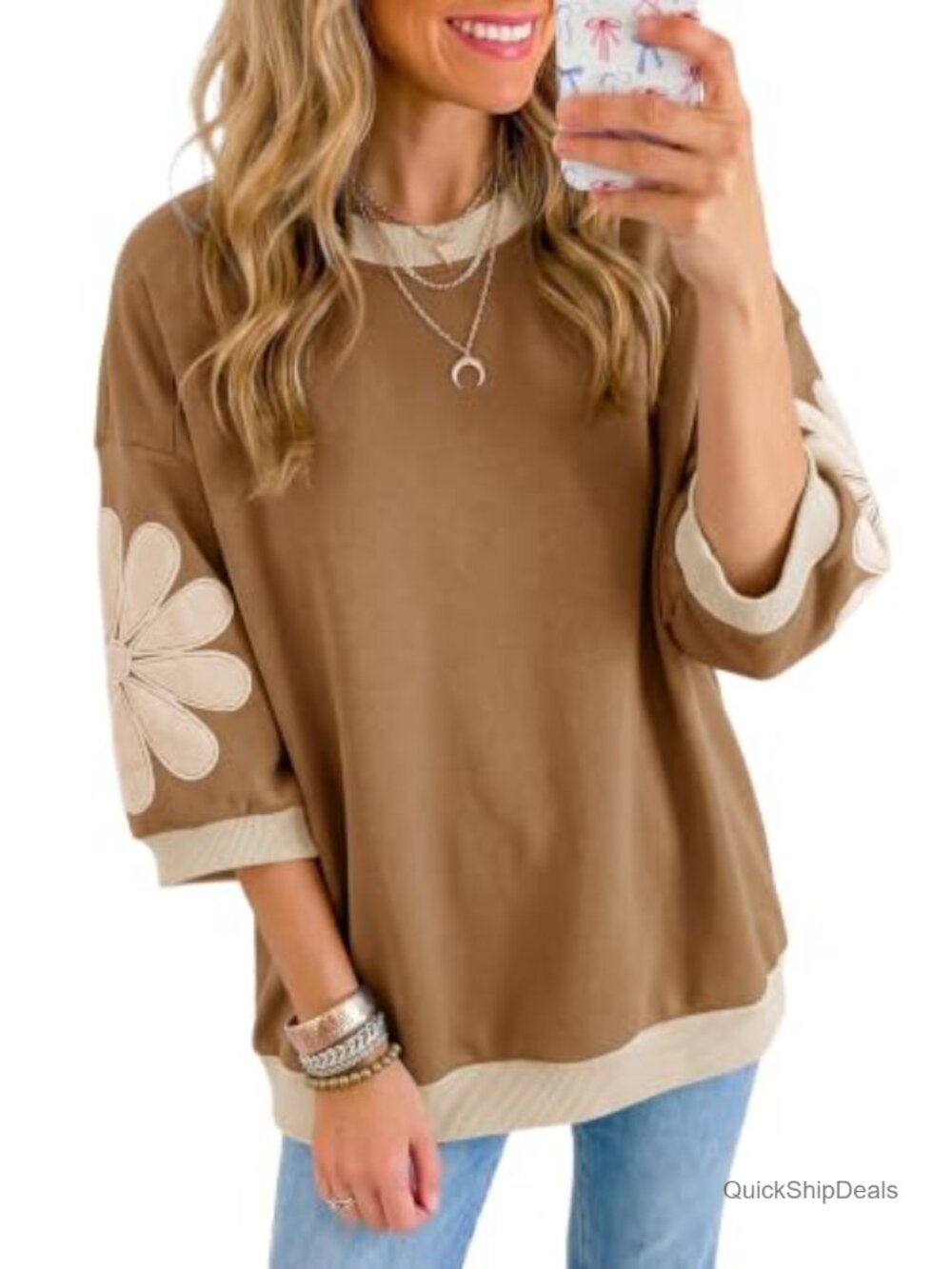 Dokotoo Womens Floral Patch 3/4 Sleeve Crewneck Oversized Sweatshirt